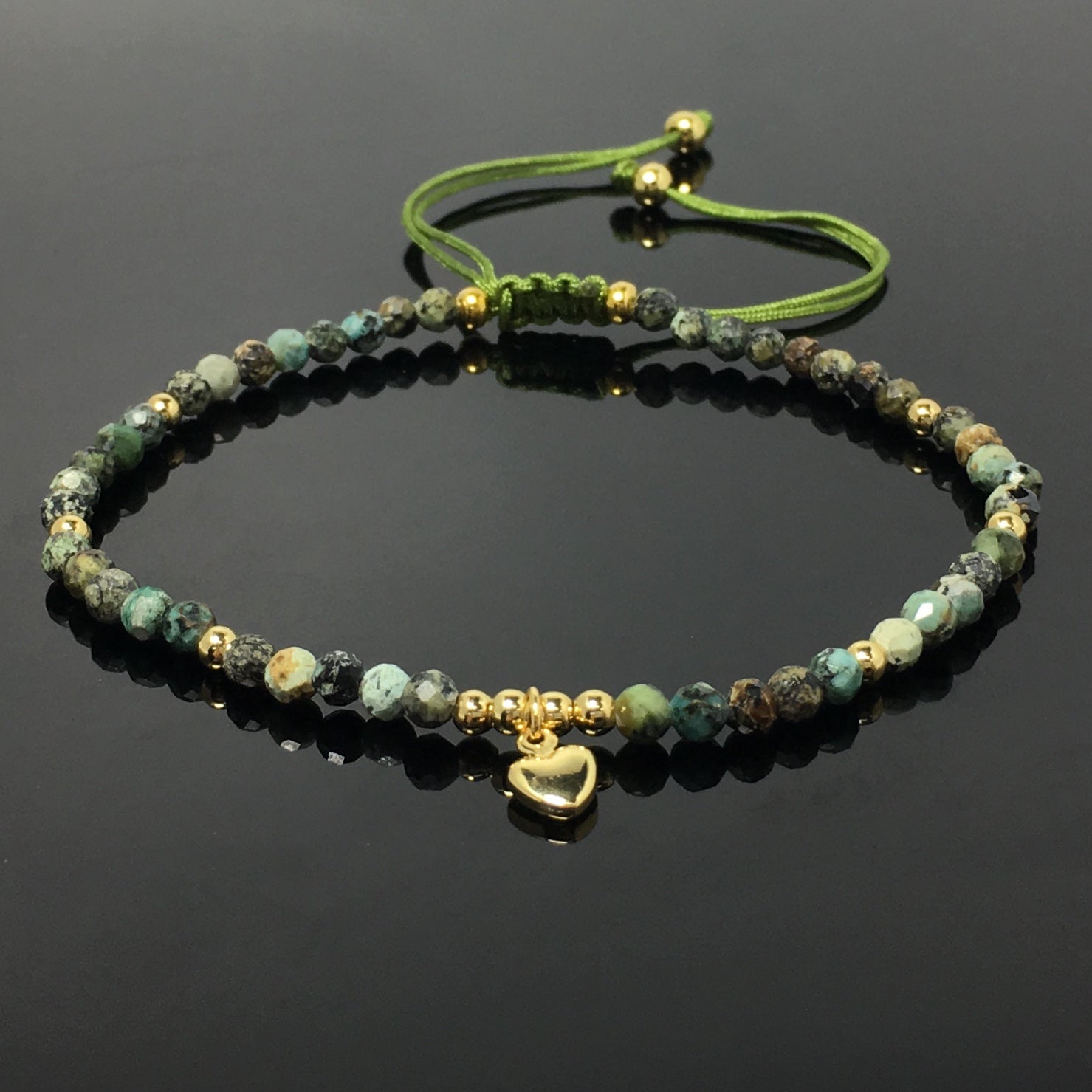 African Turquoise Gemstone Braid Rope Macrame Adjustable Bracelet Tiny Beads Gemstone Bracelet with Love Heart Charm