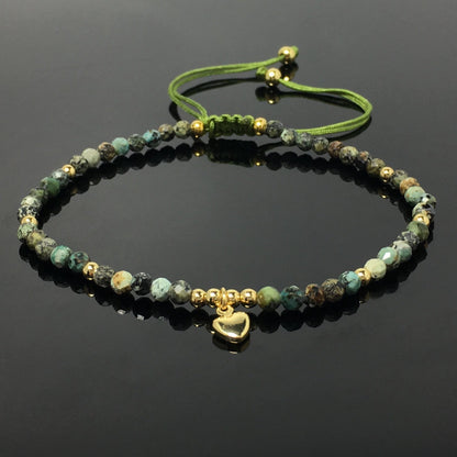 African Turquoise Gemstone Braid Rope Macrame Adjustable Bracelet Tiny Beads Gemstone Bracelet with Love Heart Charm