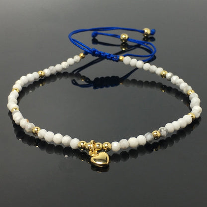 Howlite Gemstone Braid Rope Macrame Adjustable Bracelet Tiny Beads Gemstone Bracelet with Love Heart Charm
