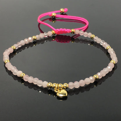 Rose Quartz Gemstone Braid Rope Macrame Adjustable Bracelet Tiny Beads Gemstone Bracelet with Love Heart Charm