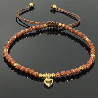 Gold Sandstone Gemstone Braid Rope Macrame Adjustable Bracelet Tiny Beads Gemstone Bracelet with Love Heart Charm