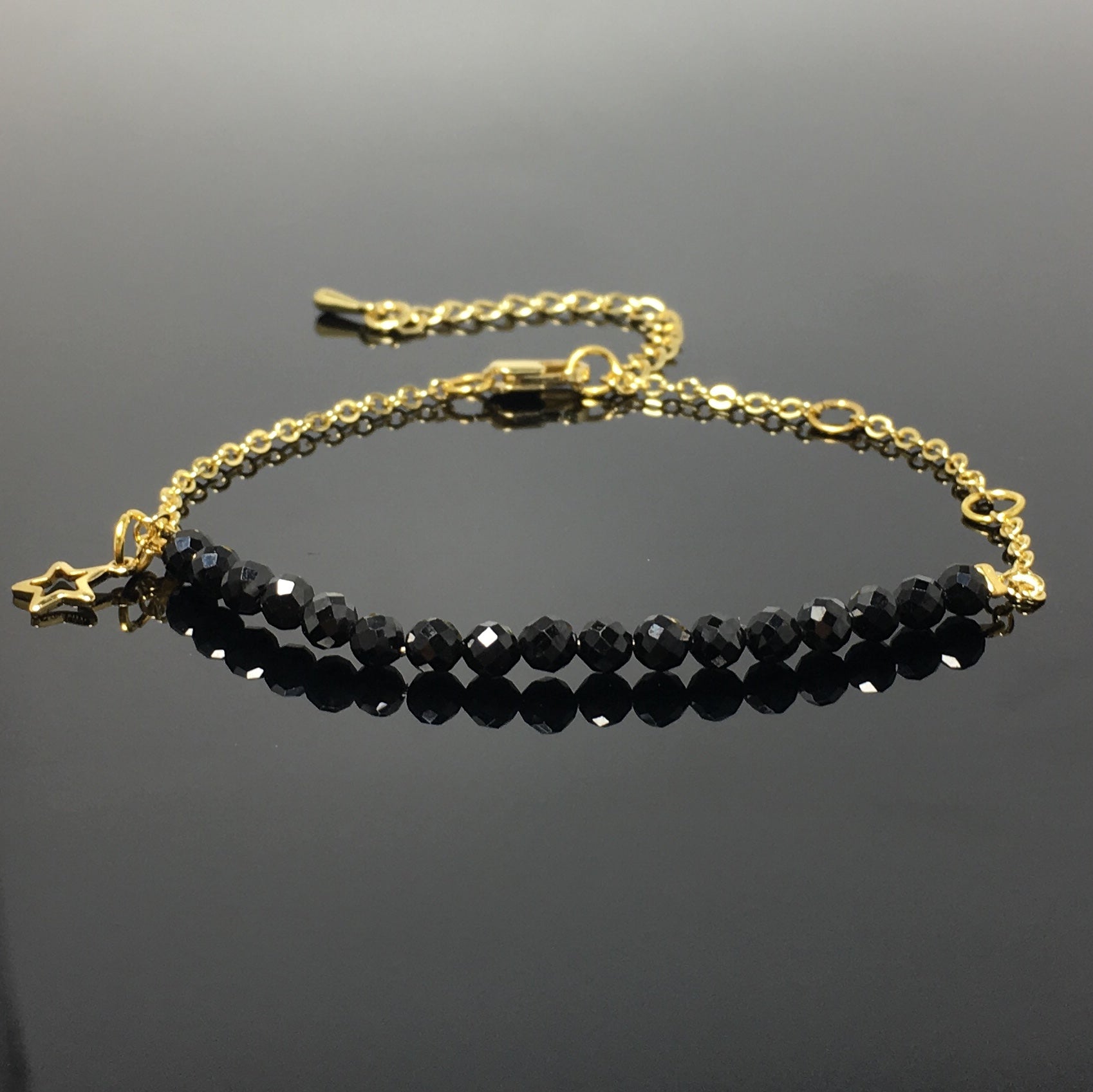 Black Spinel Gemstone Adjustable Bracelet Tiny Beads Gemstone Gold Plated Chain Linked Bracelet for Women