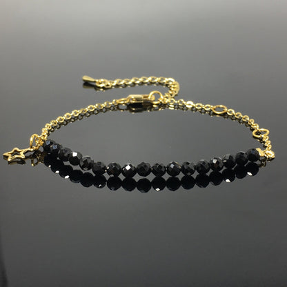 Black Spinel Gemstone Adjustable Bracelet Tiny Beads Gemstone Gold Plated Chain Linked Bracelet for Women