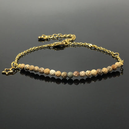 Picture Jasper Gemstone Adjustable Bracelet Tiny Beads Gemstone Gold Plated Chain Linked Bracelet for Women