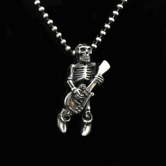 Rock Guitarist Skull Pendant Retro 925 Sterling Silver