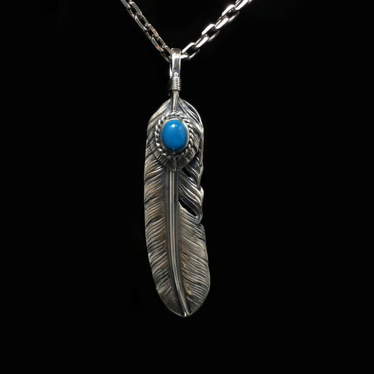 Left Feather Retro 925 Silver Goro Takahashi Pendant with Blue Turquoise