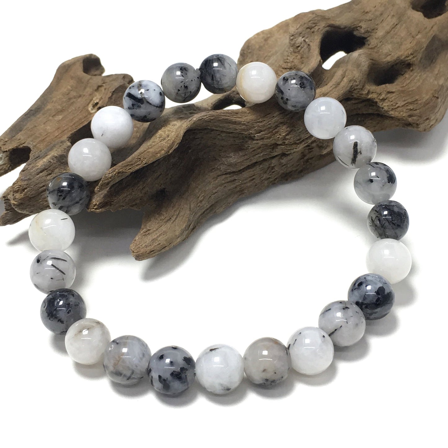 Tourmalited Quartz Natural Gemstone Crystal Healing Stretch Beads Bracelet