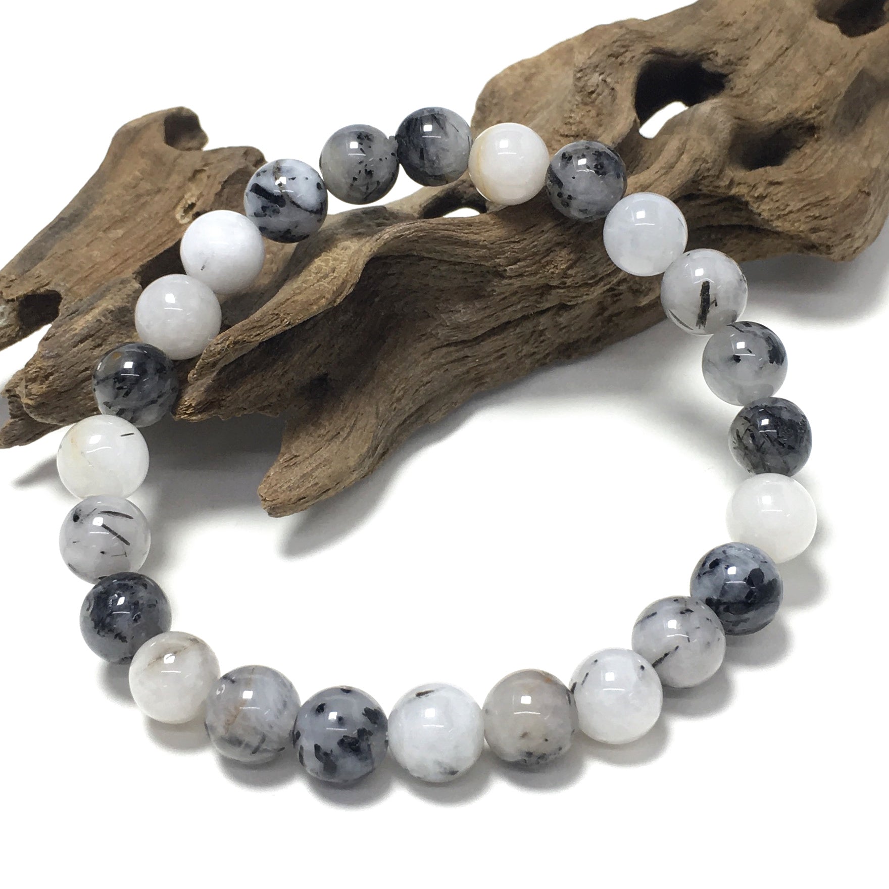 Tourmalited Quartz Natural Gemstone Crystal Healing Stretch Beads Bracelet