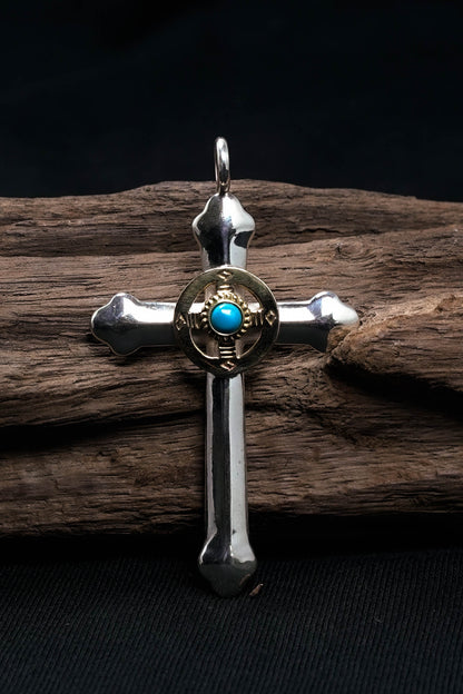 Takahashi Goro Round Turquoise Brass Cross 925 Silver Pendant