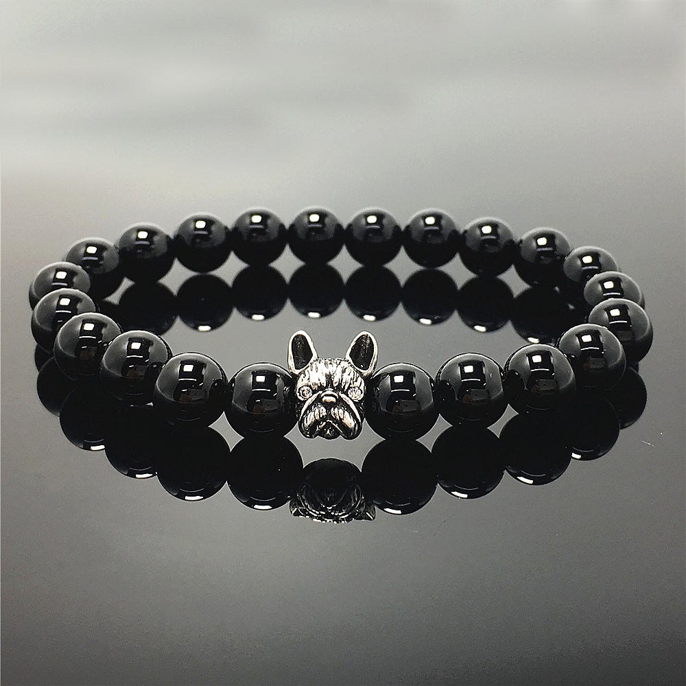 Natural Black Onyx Beaded Bracelet Jewelry French Bulldog Bracelet For Men Women