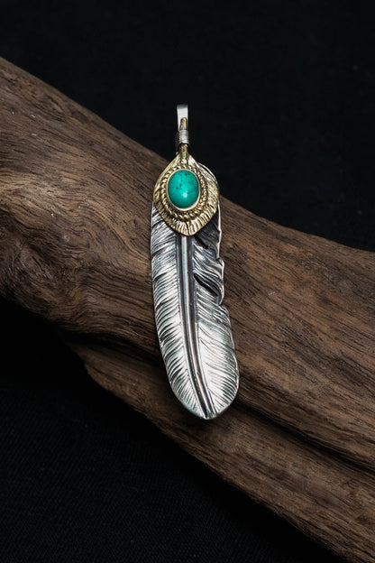 Left Feather Retro 925 Silver Goro Takahashi Pendant with Turquoise