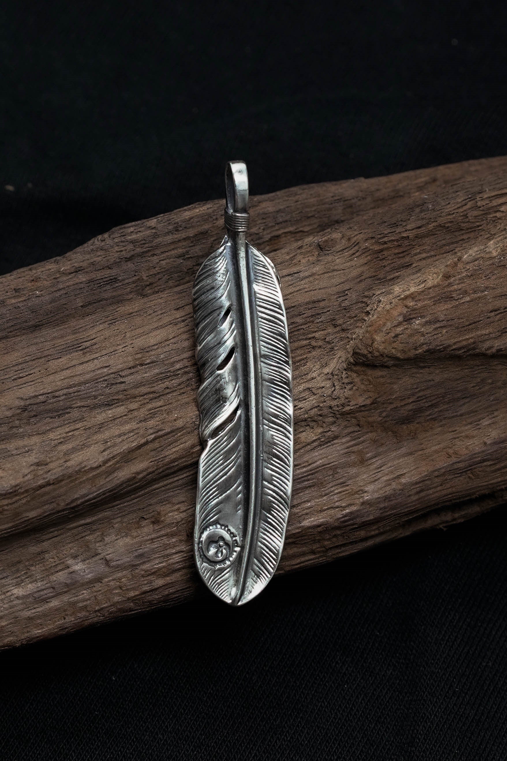 Left Feather Leaf Retro 925 Silver Goro Takahashi Pendant with Blue Turquoise