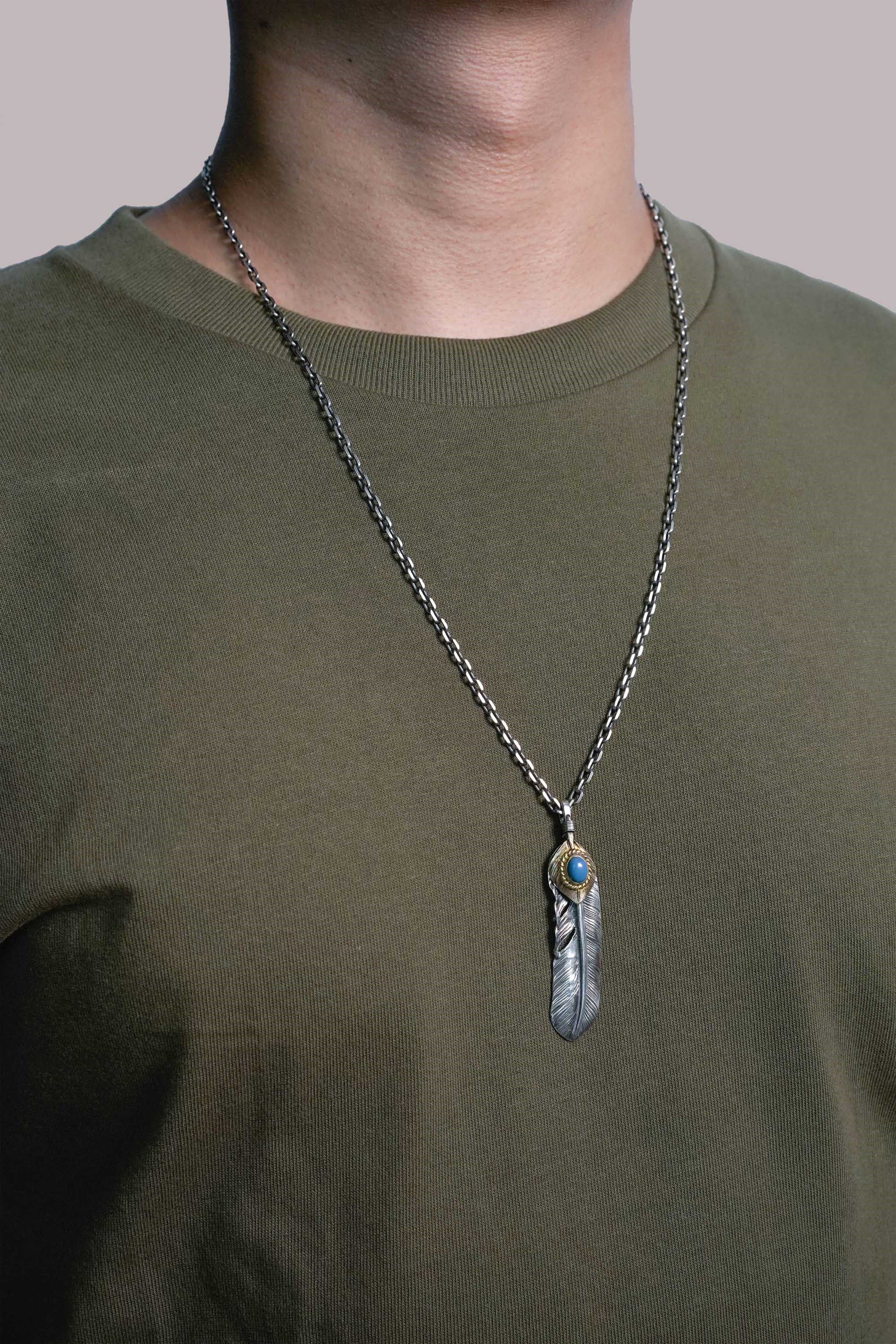 Right Feather Leaf Retro 925 Silver Goro Takahashi Pendant with Turquoise