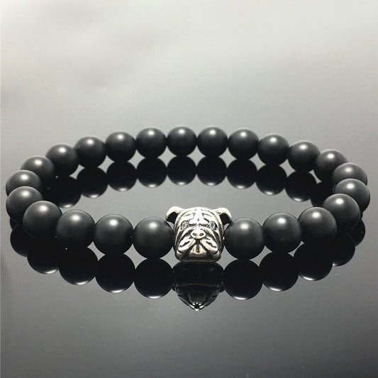 Matte Onyx Gemstone Beaded Bracelet Custom Beads Stretch Bracelet Bulldog Design for Women and Men Fashion Wear