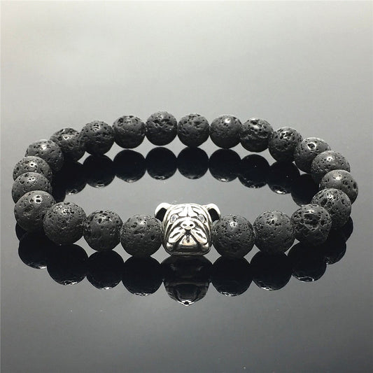 Lava Stone Gemstone Beaded Bracelet Custom Beads Adjustable Bracelet Bulldog Design for Women and Men Fashion Wear