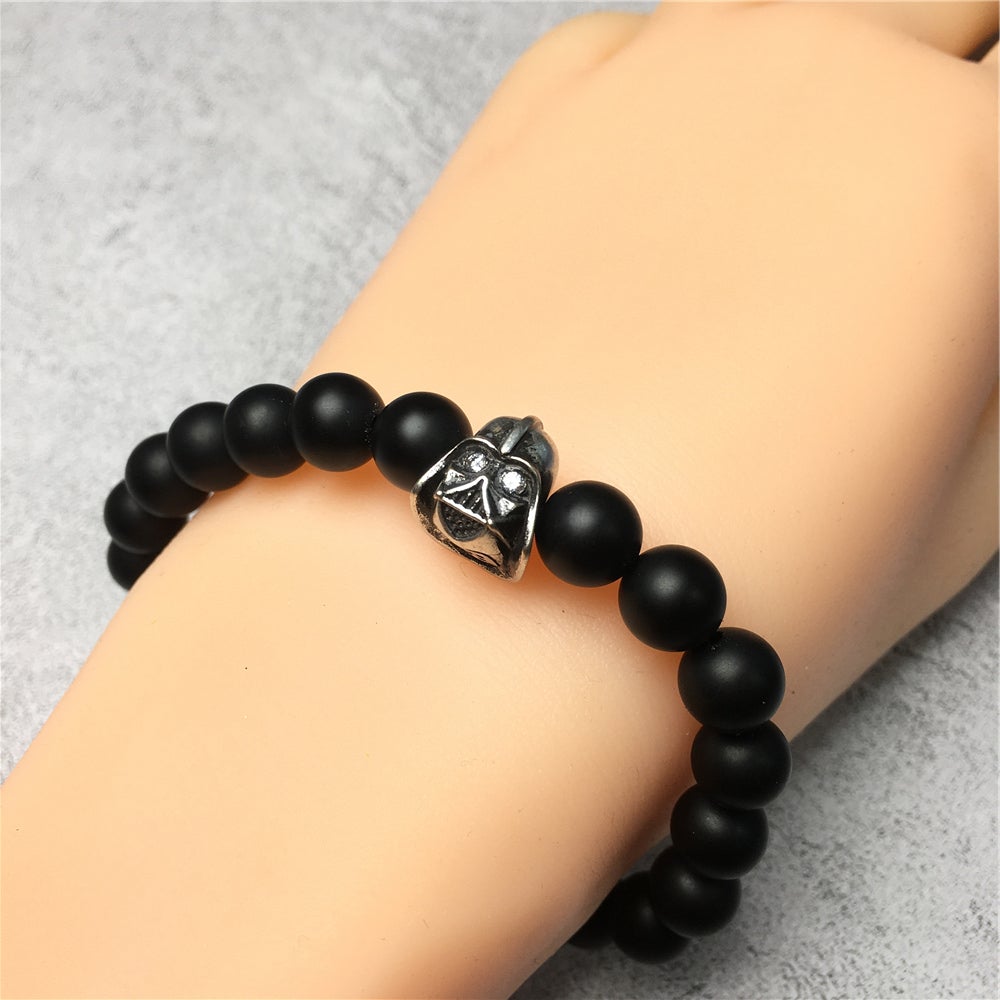 Black Matte Onyx Beads Gemstone with Imperial Darth Vader Charms Jewellery Elastic Handmade Bracelets