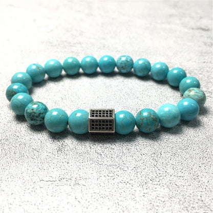 Blue Turqouise Stone Beads with Black Striped CZ Charms Elastic Rope Handmade Bracelets