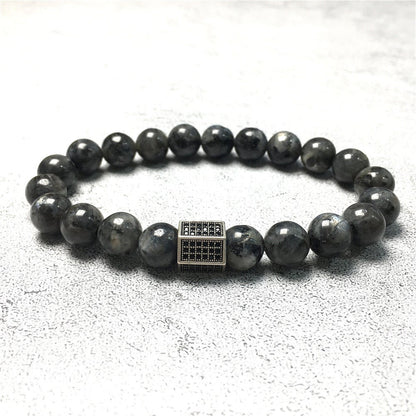 Labradorite Stone Beads with Black Striped CZ Charms Elastic Rope Handmade Bracelets