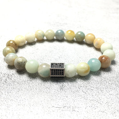 Amazonite Stone Beads with Black Striped CZ Charms Elastic Rope Handmade Bracelets