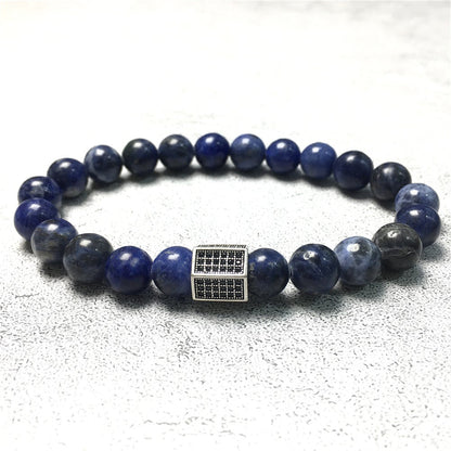 Black Striped CZ Charms Sodalite Stone Beads Elastic Rope Handmade Bracelets