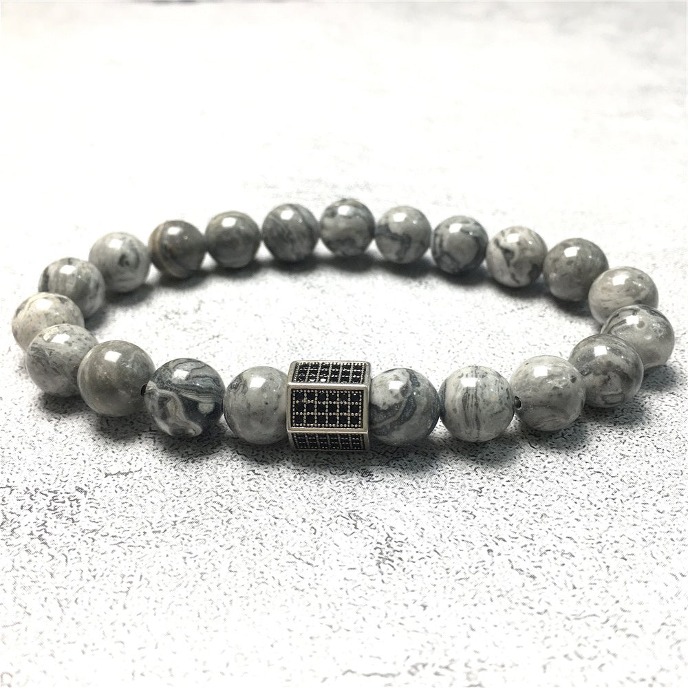Map Stone Beads with Black Striped CZ Charms Elastic Rope Handmade Bracelets
