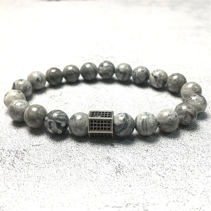 Map Stone Beads with Black Striped CZ Charms Elastic Rope Handmade Bracelets