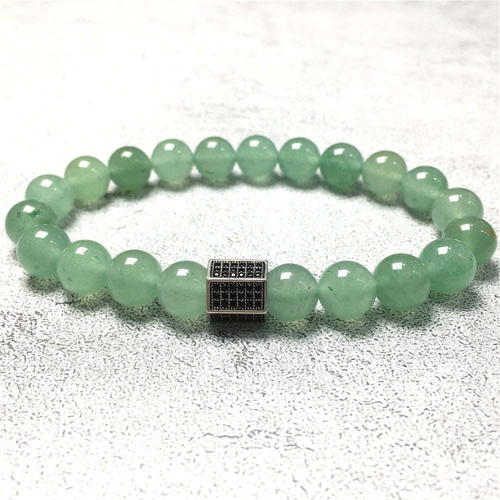 Black Striped CZ Charms Green Adventurine Stone Beads Elastic Rope Handmade Bracelets