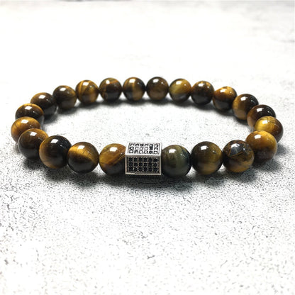 Black Striped CZ Charms Tiger Eye Stone Beads Elastic Rope Handmade Bracelets