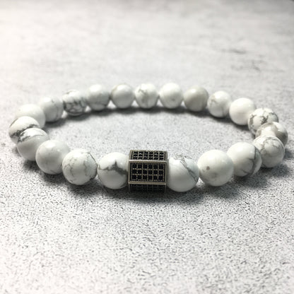 Black Striped CZ Charms Howlite Stone Beads Elastic Rope Handmade Bracelets