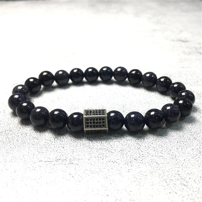 Black Striped CZ Charms Blue Sandstone Stone Beads Elastic Rope Handmade Bracelets