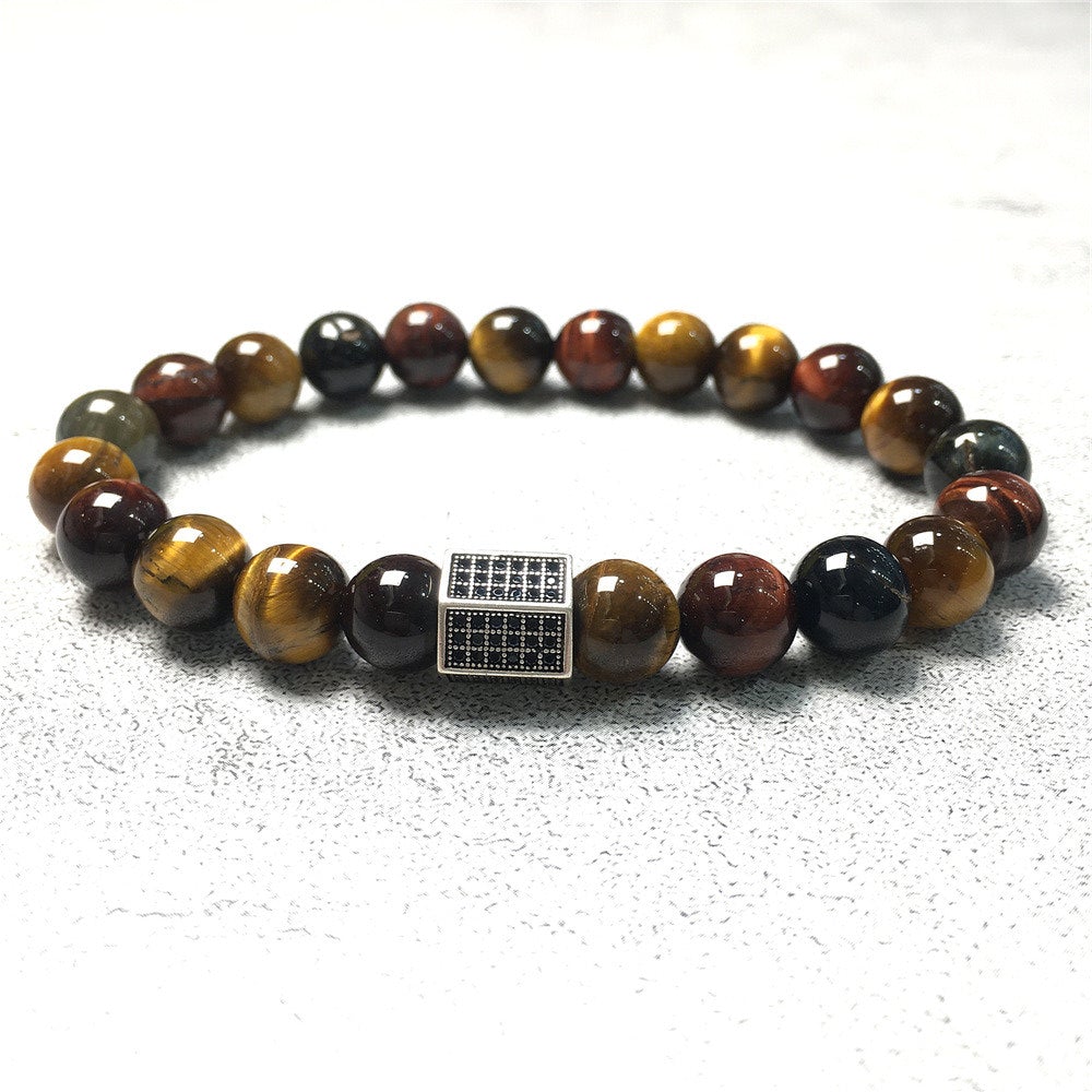 Multi Color Tigereye Stone Beads with Black Striped CZ Charms Elastic Rope Handmade Bracelets