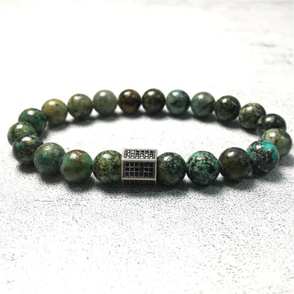 African Turqoiuse Stone Beads with Black Striped CZ Charms Elastic Rope Handmade Bracelets