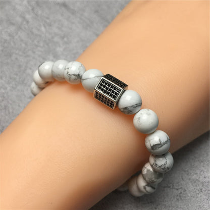Black Striped CZ Charms Howlite Stone Beads Elastic Rope Handmade Bracelets