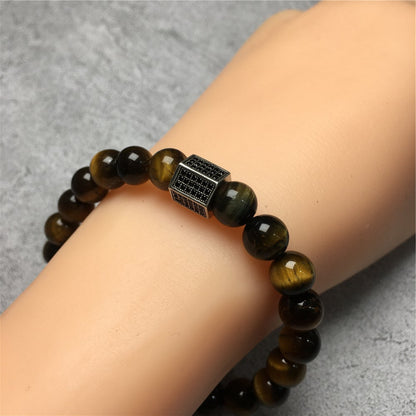Black Striped CZ Charms Tiger Eye Stone Beads Elastic Rope Handmade Bracelets