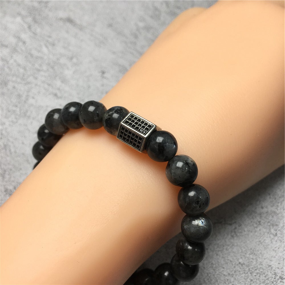 Labradorite Stone Beads with Black Striped CZ Charms Elastic Rope Handmade Bracelets
