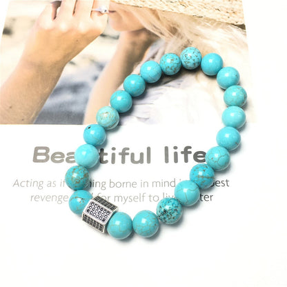 Blue Turqouise Stone Beads with Black Striped CZ Charms Elastic Rope Handmade Bracelets