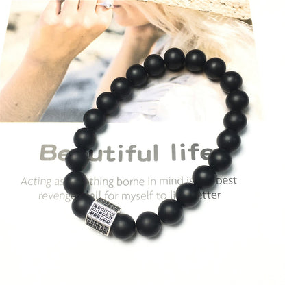 Black Matte Onyx Stone Beads with Black Striped CZ Charms Elastic Rope Handmade Bracelets