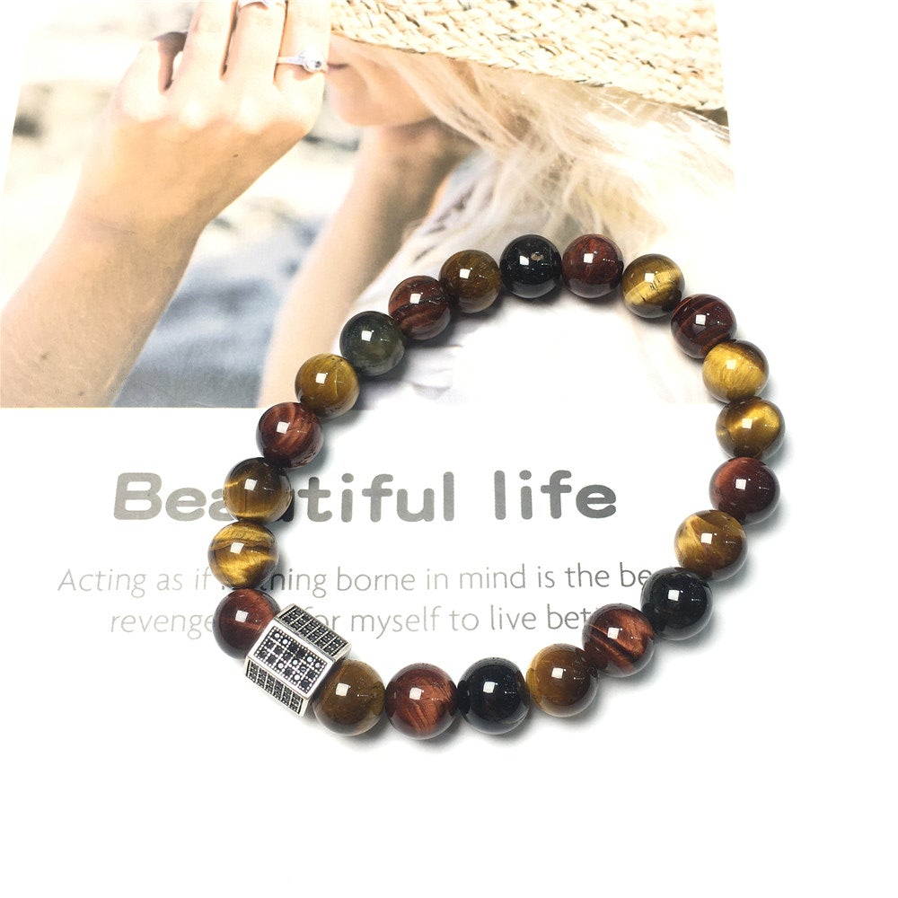 Multi Color Tigereye Stone Beads with Black Striped CZ Charms Elastic Rope Handmade Bracelets