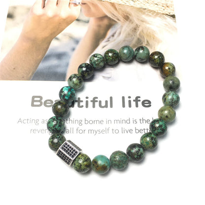 African Turqoiuse Stone Beads with Black Striped CZ Charms Elastic Rope Handmade Bracelets