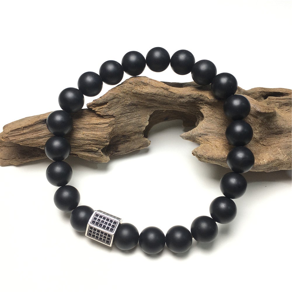 Black Matte Onyx Stone Beads with Black Striped CZ Charms Elastic Rope Handmade Bracelets