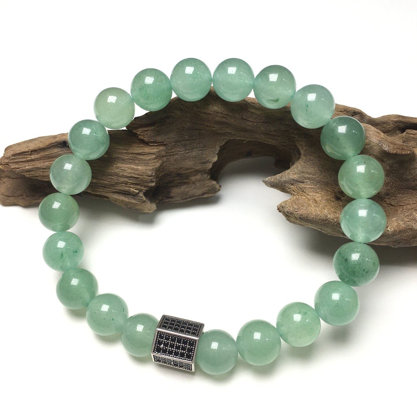 Black Striped CZ Charms Green Adventurine Stone Beads Elastic Rope Handmade Bracelets