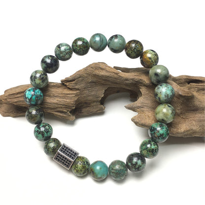 African Turqoiuse Stone Beads with Black Striped CZ Charms Elastic Rope Handmade Bracelets