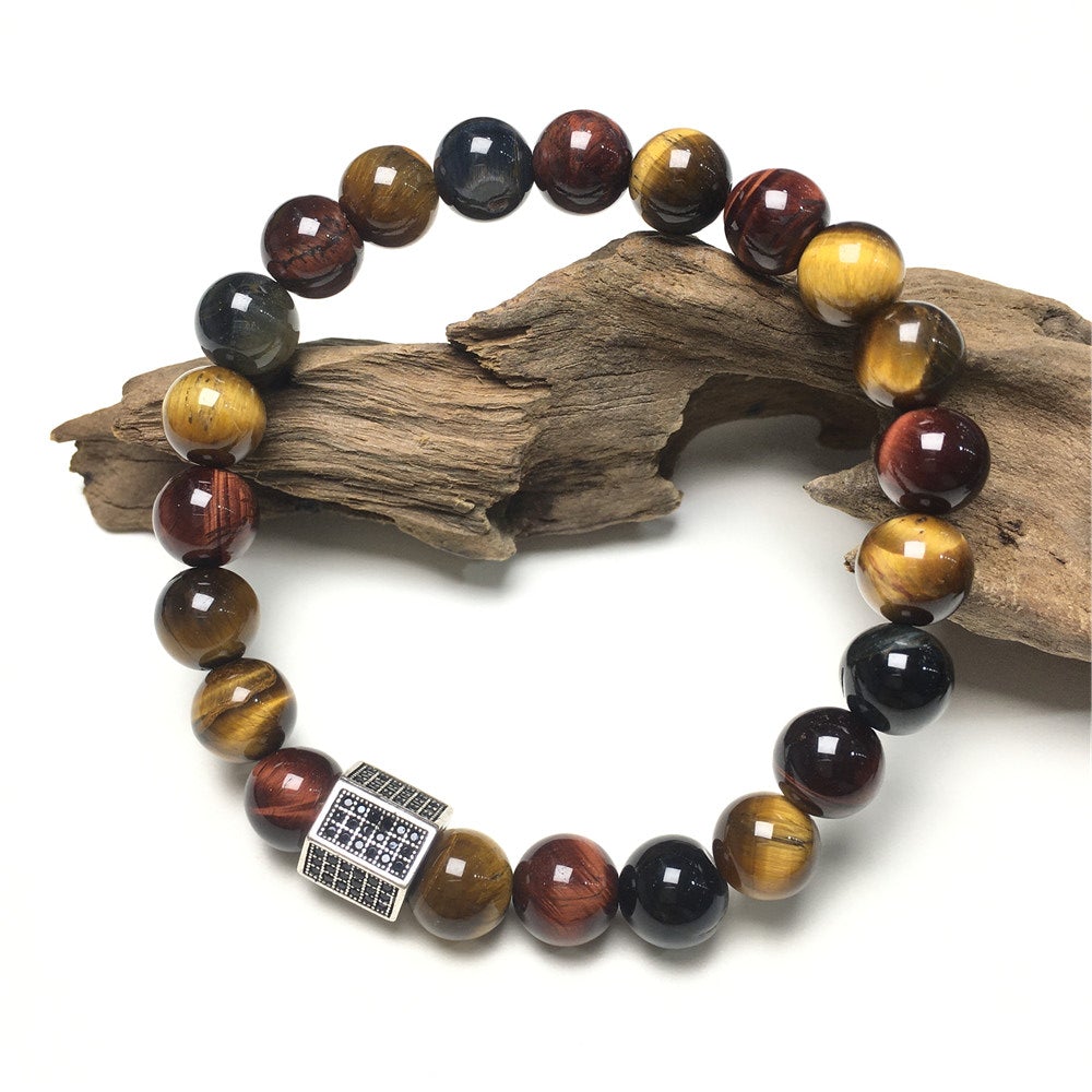 Multi Color Tigereye Stone Beads with Black Striped CZ Charms Elastic Rope Handmade Bracelets