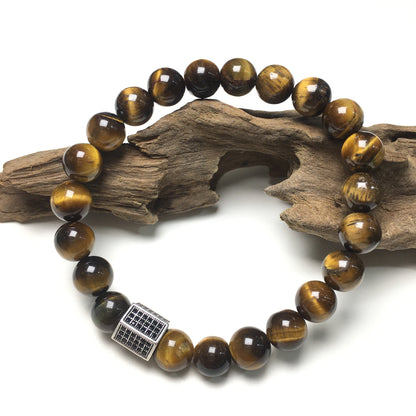 Black Striped CZ Charms Tiger Eye Stone Beads Elastic Rope Handmade Bracelets