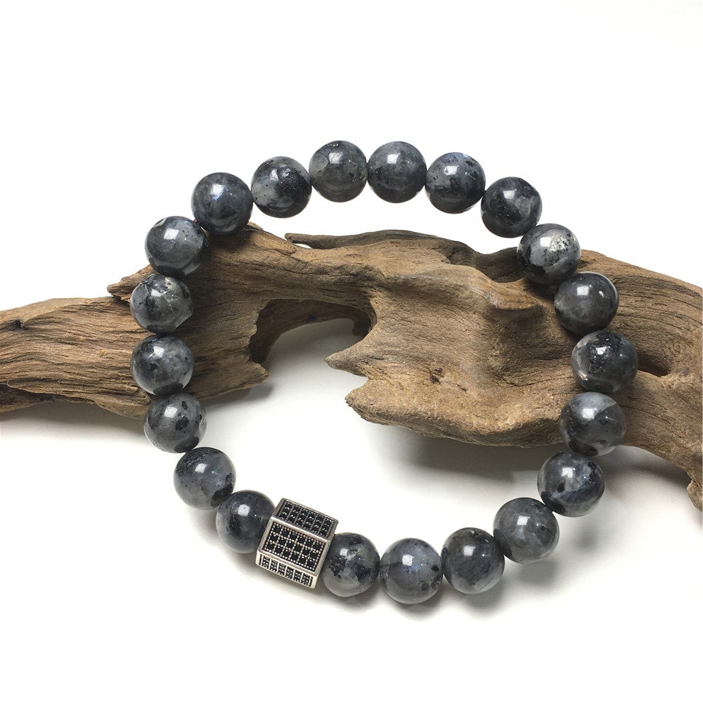 Labradorite Stone Beads with Black Striped CZ Charms Elastic Rope Handmade Bracelets