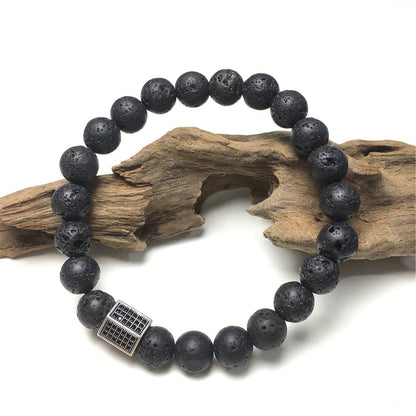 Lava Stone Beads with Black Striped CZ Charms Elastic Rope Handmade Bracelets