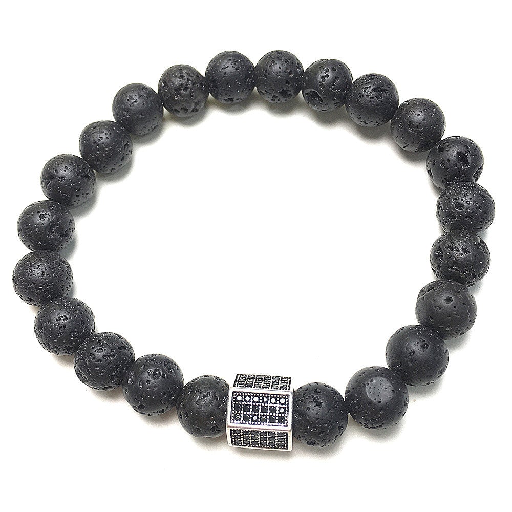 Lava Stone Beads with Black Striped CZ Charms Elastic Rope Handmade Bracelets