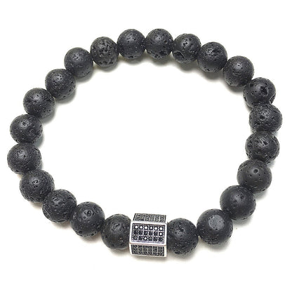 Lava Stone Beads with Black Striped CZ Charms Elastic Rope Handmade Bracelets
