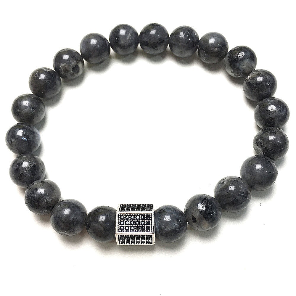 Labradorite Stone Beads with Black Striped CZ Charms Elastic Rope Handmade Bracelets