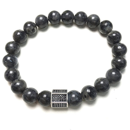 Labradorite Stone Beads with Black Striped CZ Charms Elastic Rope Handmade Bracelets